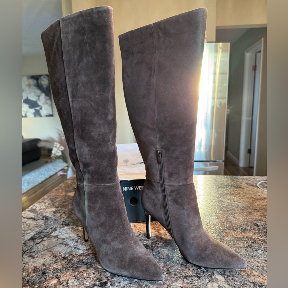 Nine West Taupe Suede Knee-High Heeled Boots